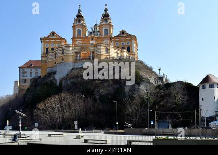 Melk, Austria - March 26, 2022: Impressive baroque Melk abbey on rock in UNESCO world heritage site of Danube Valley Stock Photo