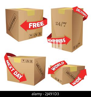 Cardboard boxes set with red arrows and delivery symbols isolated vector illustration Stock Vector
