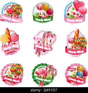 Candy shop set of emblems with colorful fruit lollipops of various shape, spiral sweets isolated vector illustration Stock Vector