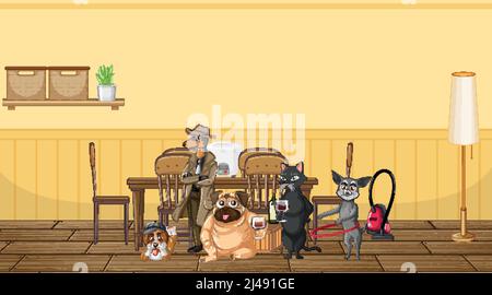 Set of different domestic animals in kitchen illustration Stock Vector