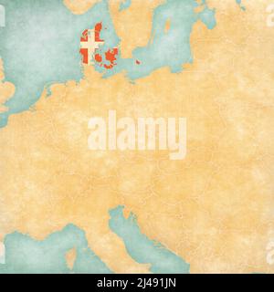 Denmark (Danish flag) on the map of Central Europe in soft grunge and vintage style, like old paper with watercolor painting. Stock Photo