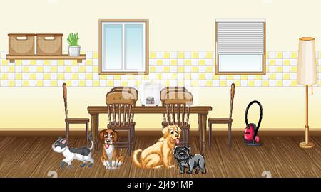 Set of different domestic animals in kitchen illustration Stock Vector