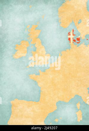 Denmark (Danish flag) on the map of Western Europe in soft grunge and vintage style, like old paper with watercolor painting. Stock Photo