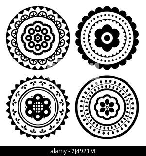 Polish folk art vector mandala design set with flowers, round traditional patterns  - perfect for greeting card or wedding invitation in black and whi Stock Vector