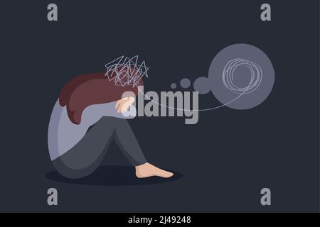 depressed lonely girl sitting alone and thinking about mental health Stock Vector