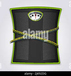 Mechanical floor dial scale with yellow measuring tape for weight loss fitness goals tracking realistic vector illustration Stock Vector