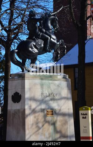 Revolutionary War hero, General Casimir Pulaski is honored with a statue in Hartford, Conn. He was considered the father of the American cavalry. Stock Photo