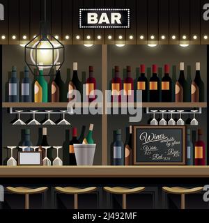 Bar counter with stools and alcohol drink on shelves flat vector ...
