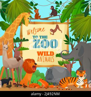 Welcome to zoo cartoon poster with lion elephant giraffe tiger hippopotamus antelope monkeys vector illustration Stock Vector