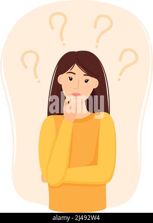 Thinking woman with question marks, vector illustration Stock Vector