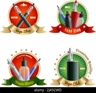 Vaping emblems realistic set of four isolated compositions with vape pens and vaporizing devices with text vector illustration Stock Vector