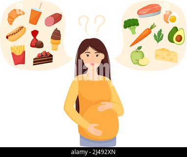 Pregnant woman choosing between healthy and unhealthy food. Fastfood vs balanced menu. Eating during pregnancy. Concept vector illustration Stock Vector