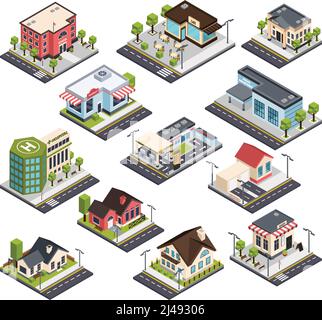 Isometric city buildings with road elements, set with residential houses, hospital, bank, school, police isolated vector illustration Stock Vector