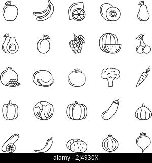 Set of line icons of vegetables,  fruits and berries on white background, vector illustration Stock Vector