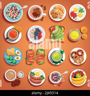 Colorful breakfast dishes set on orange background with fruits pastry bakery scrambled boiled eggs sandwiches on plates of different size vector illus Stock Vector