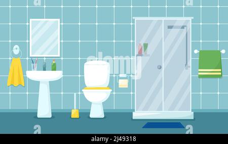 Modern bathroom interior with shower cabin, sink, mirror and toilet, vector illustration Stock Vector