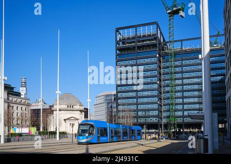 West Midlands Metro tram at Centenary Square, Birmingham Stock Photo