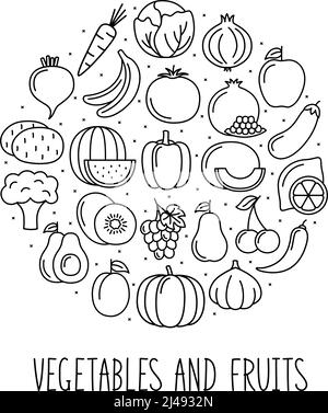 Round banner with vegetables, fruits and berries icons in linear style. Design for market and store, vector illustration Stock Vector