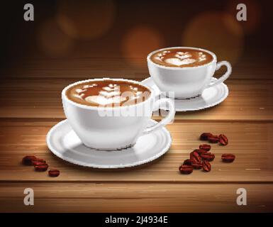 Cups of cappuccino coffee composition with hearts picture and coffee beans realistic vector illustration Stock Vector