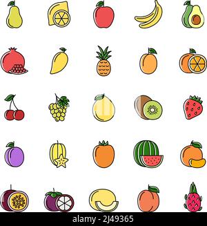 Set of color line icons of fruits and berries on white background, vector illustration Stock Vector