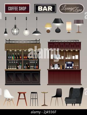 Coffee shop bar interior elements collection with counters wine liquor shelves lamps chairs stools isolated vector illustration Stock Vector