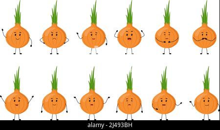 Onion. Cute vegetable characters with different emotions, vector illustration Stock Vector