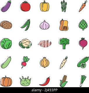 Set of color line icons of vegetables on white background, vector illustration Stock Vector