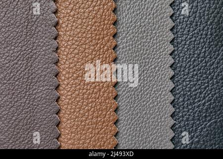 Samples of beige, brown, gray black leather. Leather crafts and craftwork. View from above. Stock Photo