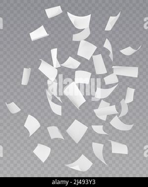 Chaotic falling flying empty white paper sheets with curved corners on transparent background realistic vector illustration Stock Vector