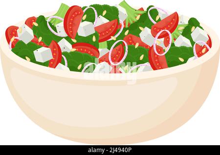 Homemade salad from fresh vegetables, salad cheese and pine nuts. Healthy food. Vegetarian meal. Vector illustration Stock Vector