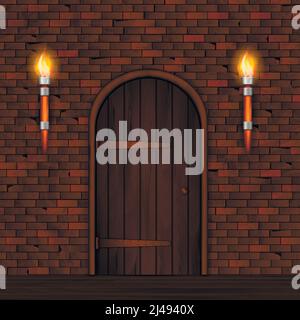Entrance doors facade realistic 3d composition with brick wall two torch lights and arched wooden door vector illustration Stock Vector