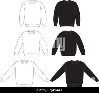 Hand drawn vector illustration of blank t-shirt long sleeve set on white background. White and black Knit jumper sweater shirt template. Mock up. Stock Vector