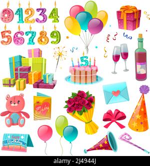 Celebration birthday cartoon set with bouquet of flowers balloons party hat greeting cards candle numbers isolated vector illustration Stock Vector