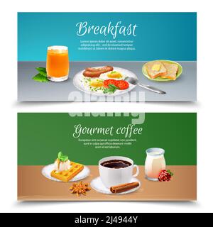 Realistic set of two horizontal banners with served tasty breakfast realistic isolated vector illustration Stock Vector