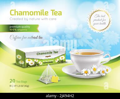 Chamomile tea advertising realistic composition on blue blurred background with flowers, carton packaging, white cup vector illustration Stock Vector