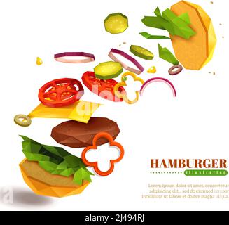3D flying hamburger with sesame bun, lettuce and sliced vegetables, cheese, cutlet on white background vector illustration Stock Vector