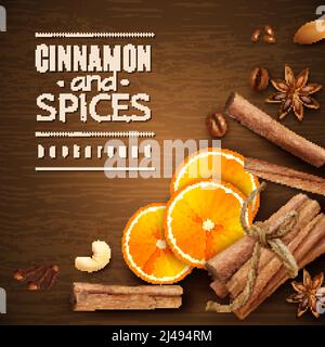 Cinnamon sticks, orange slices, coffee grains and spices anise stars, cloves on wooden texture background vector illustration Stock Vector