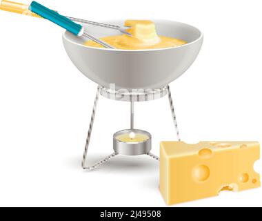 Cheese fondue in ceramic bowl on fire from candle realistic composition on white background vector illustration Stock Vector
