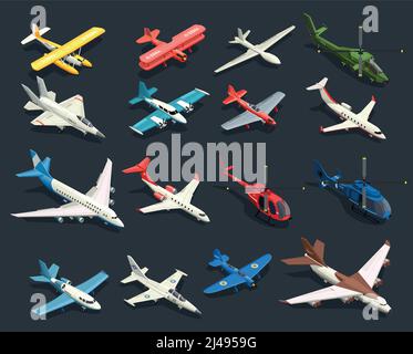 Set of isometric icons airplanes and helicopters of various shape on black background isolated vector illustration Stock Vector