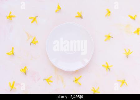 Empty small plate on pastel pink and fresh spring or summer yellow flowers, minimalistic background. tea party, drinking coffee or dessert recipe concept. Top view, flat lay, copy space Stock Photo