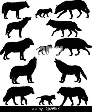 Collection of silhouettes of wolves and wolf-cubs Stock Vector