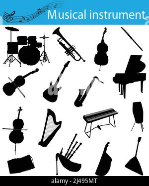 Collection of silhouettes of musical instruments: accordion, bagpipe, violoncello, cello, drum, flute, guitar, synthesizer, keyboard, trumpet, others Stock Vector
