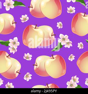 Seamless vector fruits pattern apples and pink flowers  on lilac background Stock Vector