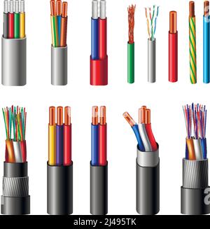 Various types power cables with electrical wire conductors held together with overall sheath realistic set vector illustration Stock Vector
