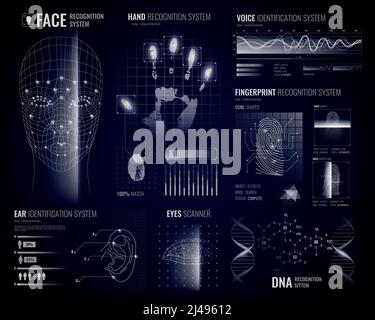Authorization verification biometric scanners white background with futuristic identification interface images fingerprints and infographic design ele Stock Vector