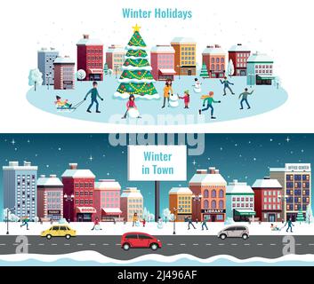 Winter city 2 flat horizontal banners with town street houses christmas tree skating children snowman vector illustration Stock Vector
