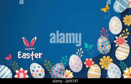 Happy Easter Floral Colorful Horizontal Banner Design. Flowers, butterflies, bunny ears and colorful pattern design eggs website header vector graphic Stock Vector
