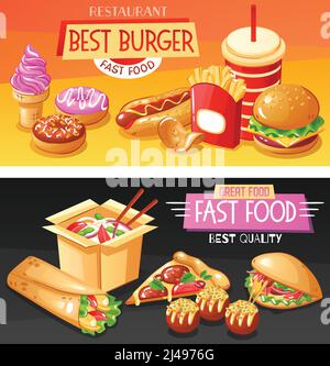 Flat set of horizontal banners with best fast food dishes and drinks on colorful backgrounds isolated vector illustration Stock Vector