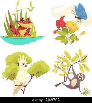 Animals jungle design concept with frog in reeds, butterfly on flower, parrot and sloth isolated vector illustration Stock Vector