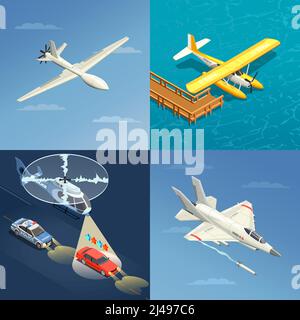 Airplanes helicopters isometric 2x2 design concept with images of different purpose aircrafts for military and civil use vector illustration Stock Vector